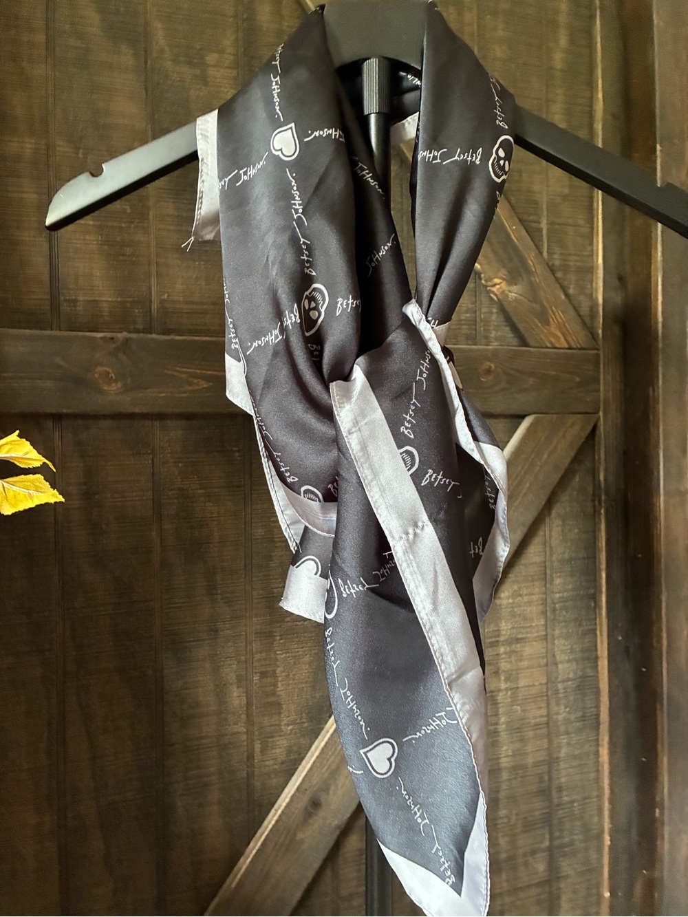 Betsey Johnson Black and Silver Heart Script Silk Scarf